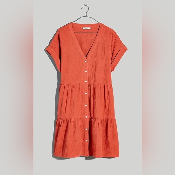 Madewell Lightspun Cuff-Sleeve Tiered Mini Dress M Button-Front NWT sold out - Picture 1 of 8